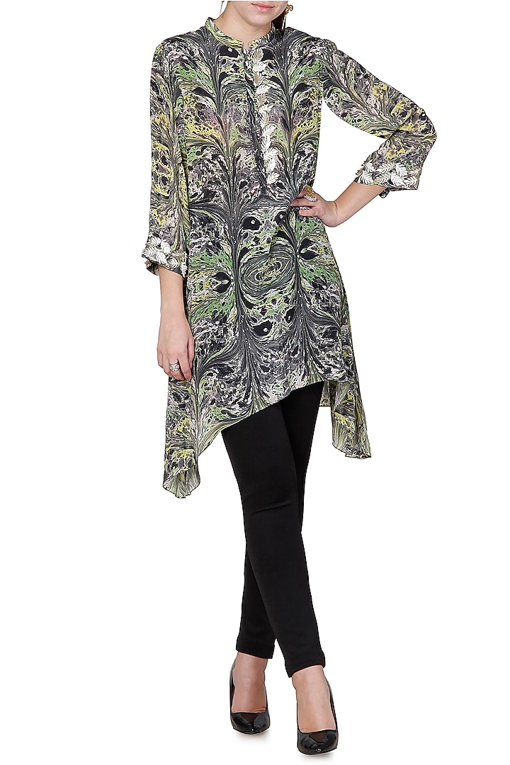 Green & Grey Embroidered Tunic With Marble Digital Print by Limerick By Abirr N' Nanki