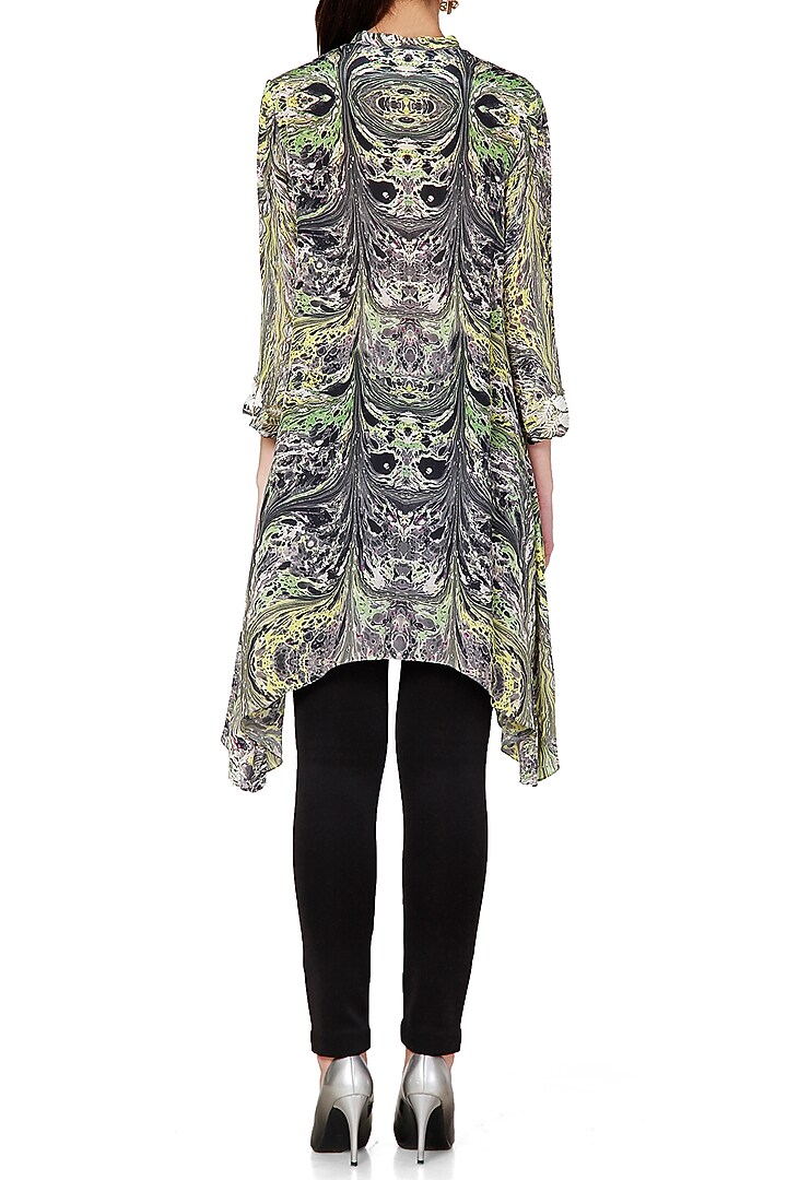 Green & Grey Embroidered Tunic With Marble Digital Print by Limerick By Abirr N' Nanki at Pernia's Pop Up Shop