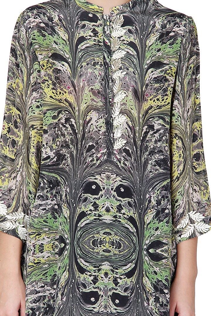 Green & Grey Embroidered Tunic With Marble Digital Print by Limerick By Abirr N' Nanki at Pernia's Pop Up Shop
