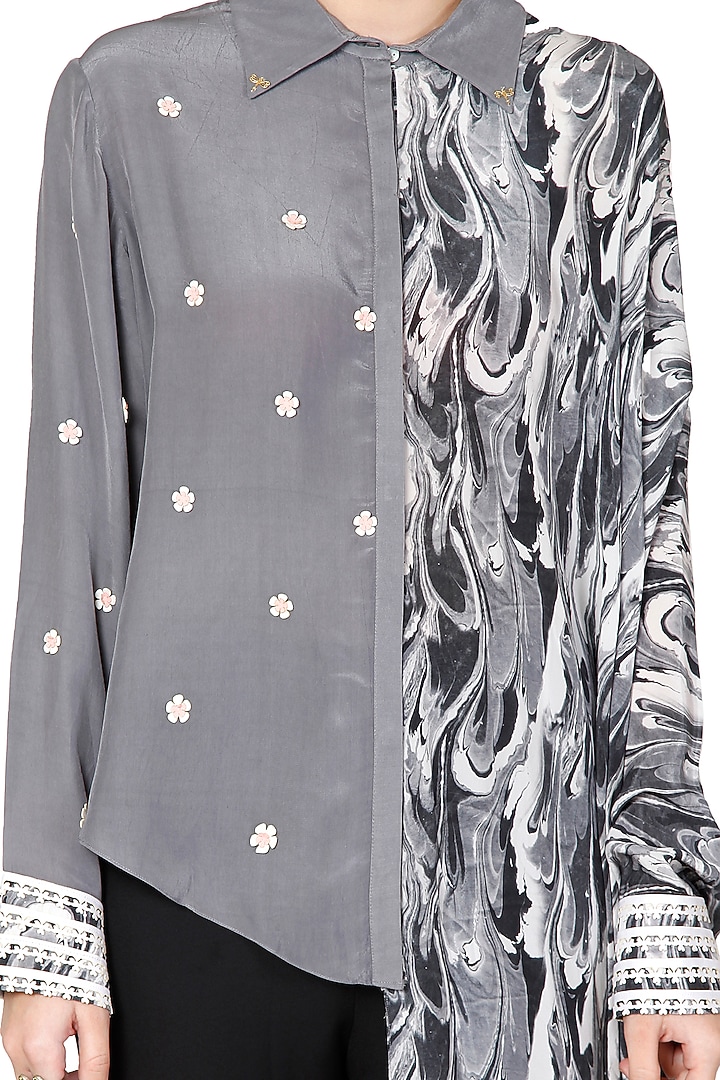Black & Grey Printed Embroidered Shirt by Limerick By Abirr N' Nanki at Pernia's Pop Up Shop