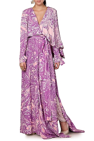 Purple Printed Cape Jacket by Limerick By Abirr N' Nanki