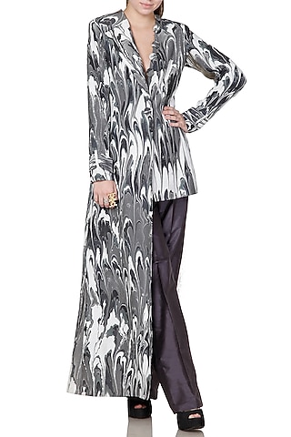 Black & Grey Printed Embroidered Jacket by Limerick By Abirr N' Nanki