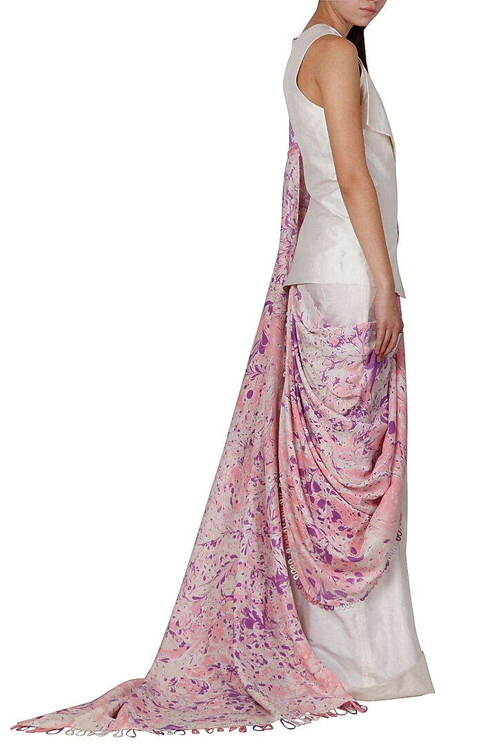 Purple & Ivory Digital Printed Jumpsuit Saree by Limerick By Abirr N' Nanki at Pernia's Pop Up Shop