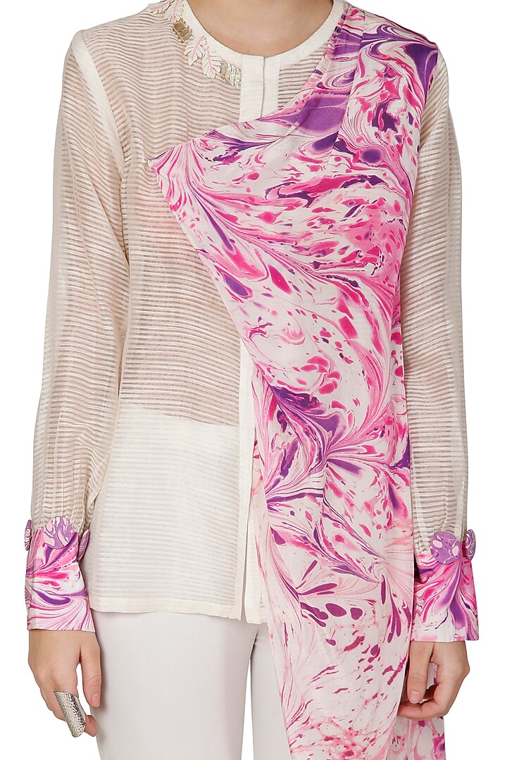 Purple & Ivory Printed Shirt With Embroidery by Limerick By Abirr N' Nanki at Pernia's Pop Up Shop