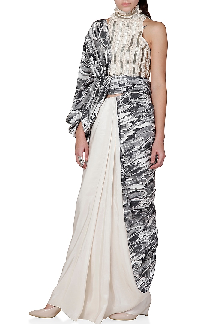 Black & Grey Digital Printed Festive Saree by Limerick By Abirr N' Nanki at Pernia's Pop Up Shop