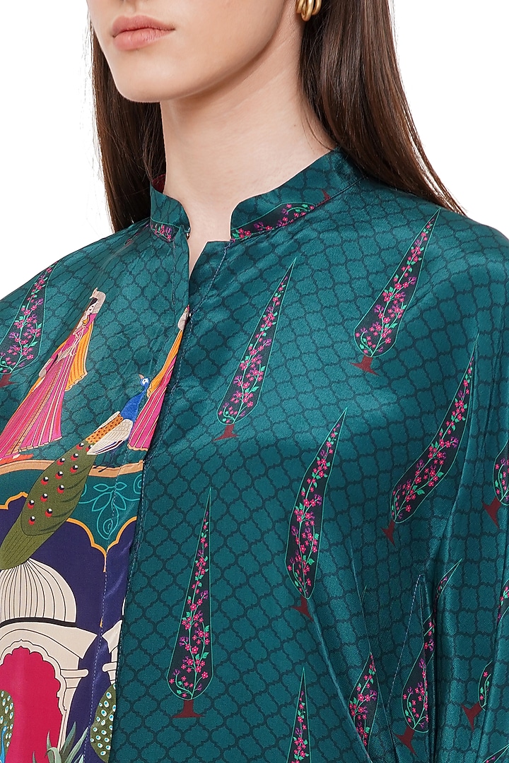 Teal Printed Kaftan Shirt by Limerick By Abirr N' Nanki at Pernia's Pop Up Shop