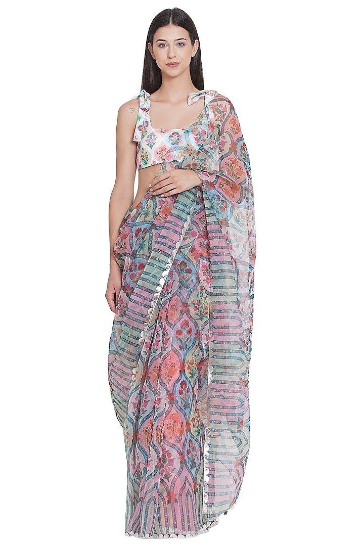 Multi-Colored Organza Printed & Hand Embroidered Saree by Limerick By Abirr N' Nanki at Pernia's Pop Up Shop