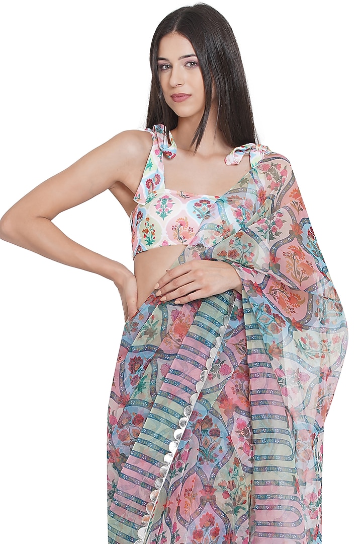 Multi-Colored Organza Printed & Hand Embroidered Party Wear Saree by Limerick By Abirr N' Nanki at Pernia's Pop Up Shop