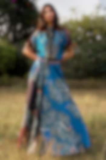Blue Scallop Textured Satin Printed Flared Skirt by Limerick By Abirr N' Nanki at Pernia's Pop Up Shop