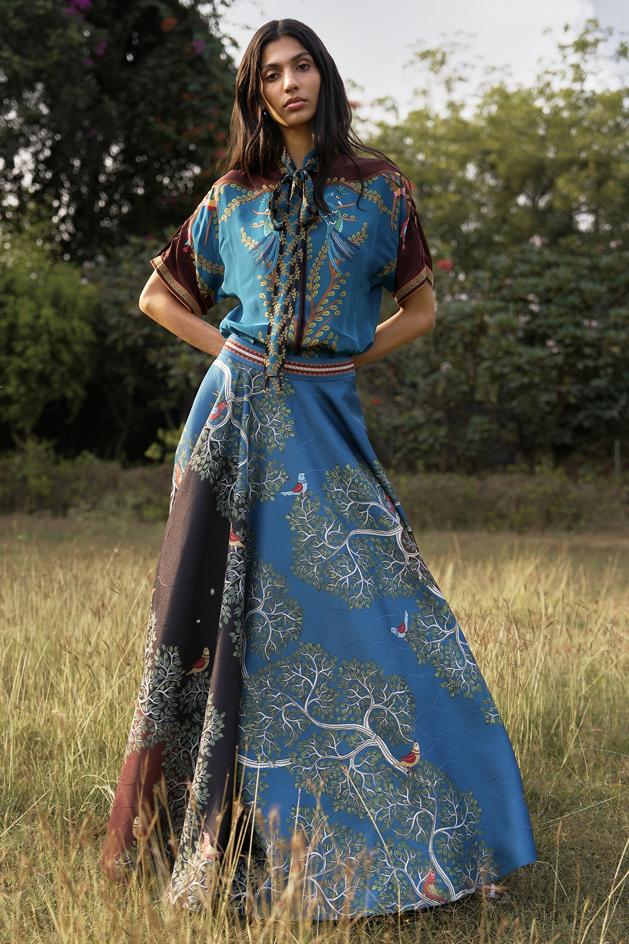 Blue Scallop Textured Satin Printed Flared Skirt by Limerick By Abirr N' Nanki at Pernia's Pop Up Shop