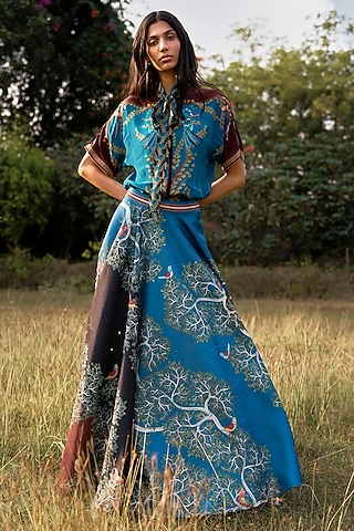 Blue Scallop Textured Satin Printed Flared Skirt by Limerick By Abirr N' Nanki