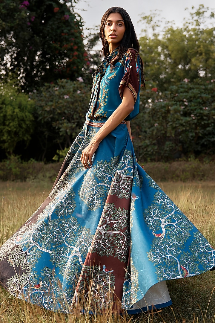 Blue Scallop Textured Satin Printed Flared Skirt by Limerick By Abirr N' Nanki at Pernia's Pop Up Shop