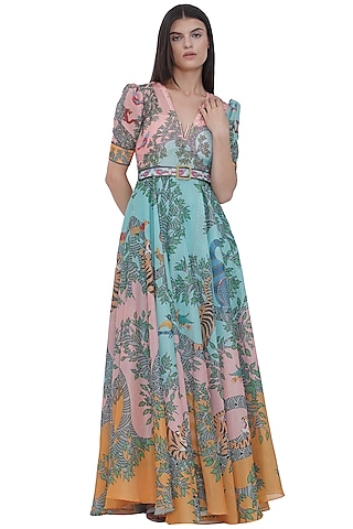 Multi-Colored Striped Textured Organza Printed Maxi Dress With Belt by Limerick By Abirr N' Nanki