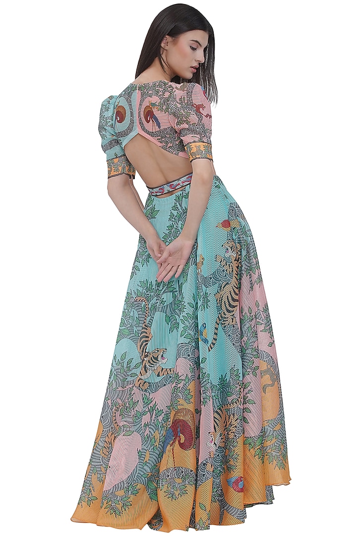 Multi-Colored Striped Textured Organza Printed Maxi Vacation Dress With Belt by Limerick By Abirr N' Nanki at Pernia's Pop Up Shop