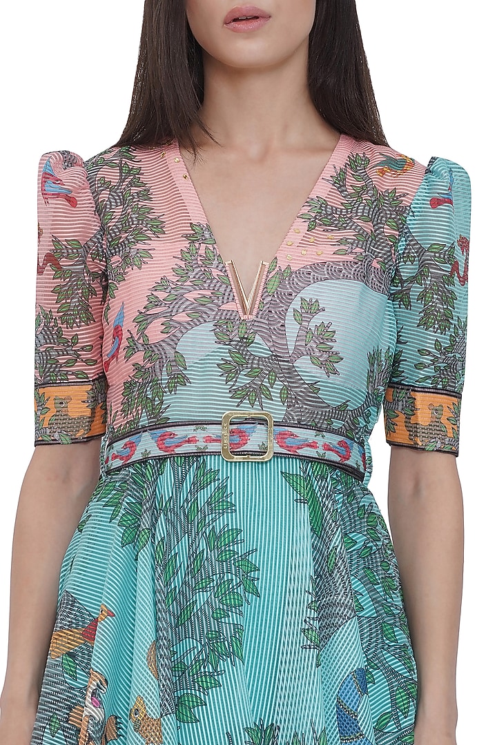 Multi-Colored Striped Textured Organza Printed Maxi Vacation Dress With Belt by Limerick By Abirr N' Nanki at Pernia's Pop Up Shop