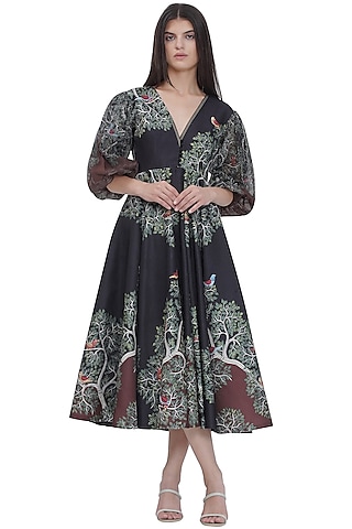 Multi-Colored Stripe Textured Organza Printed Midi Flared Dress by Limerick By Abirr N' Nanki