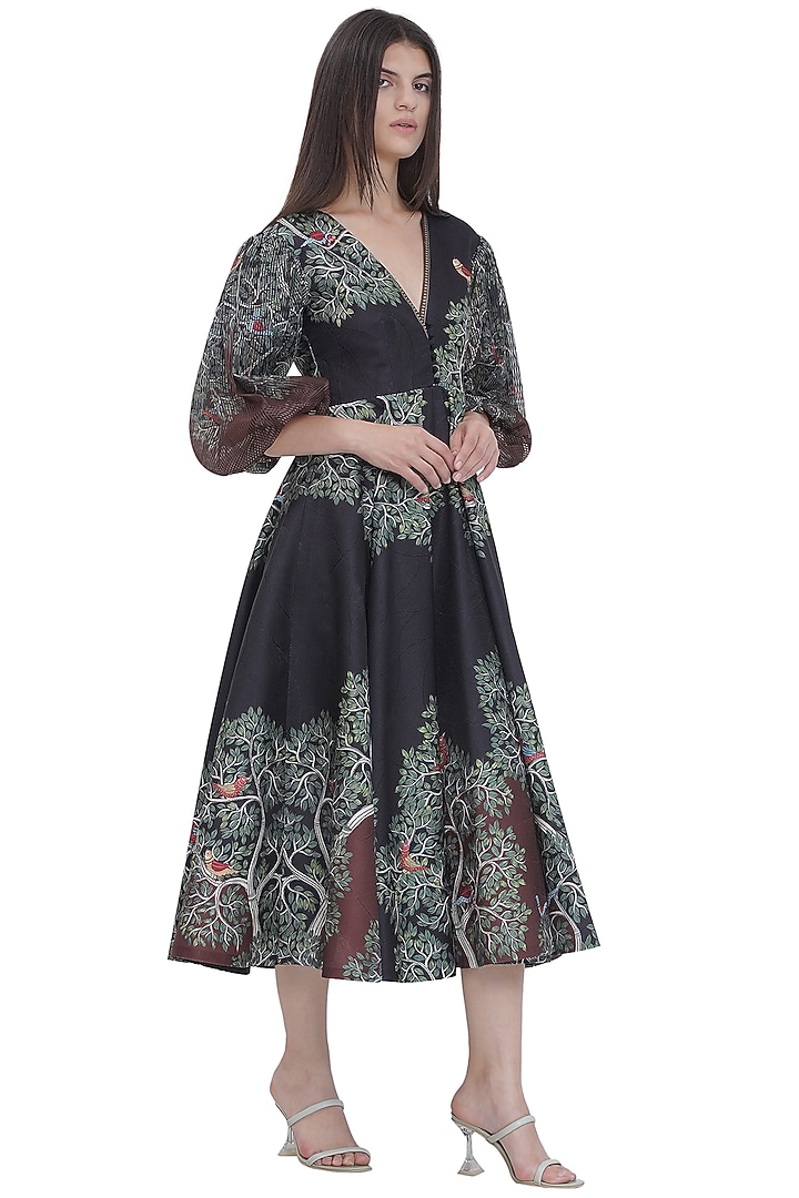 Multi-Colored Stripe Textured Organza Printed Midi Flared Vacation Dress by Limerick By Abirr N' Nanki at Pernia's Pop Up Shop