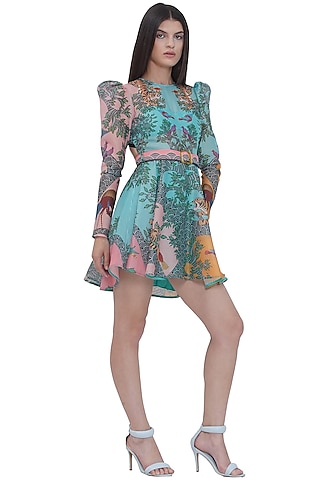 Multi-Colored Stripe Textured Organza Printed Mini Dress With Belt by Limerick By Abirr N' Nanki