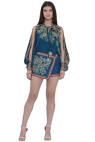 Blue Scallop Textured Satin Printed Shorts by Limerick By Abirr N' Nanki