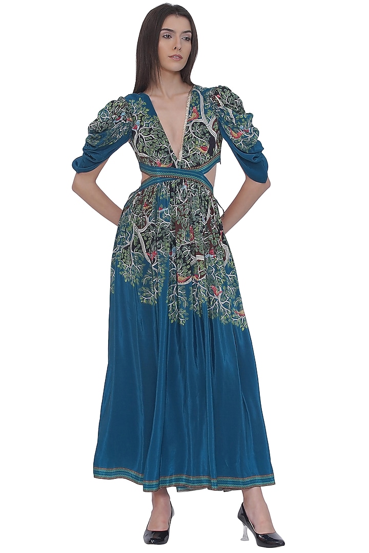 Blue Crepe Printed Cut-Out Vacation Dress by Limerick By Abirr N' Nanki at Pernia's Pop Up Shop