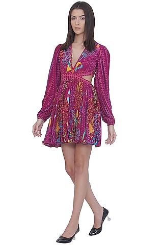 Pink Crepe Placement Printed Mini Dress by Limerick By Abirr N' Nanki