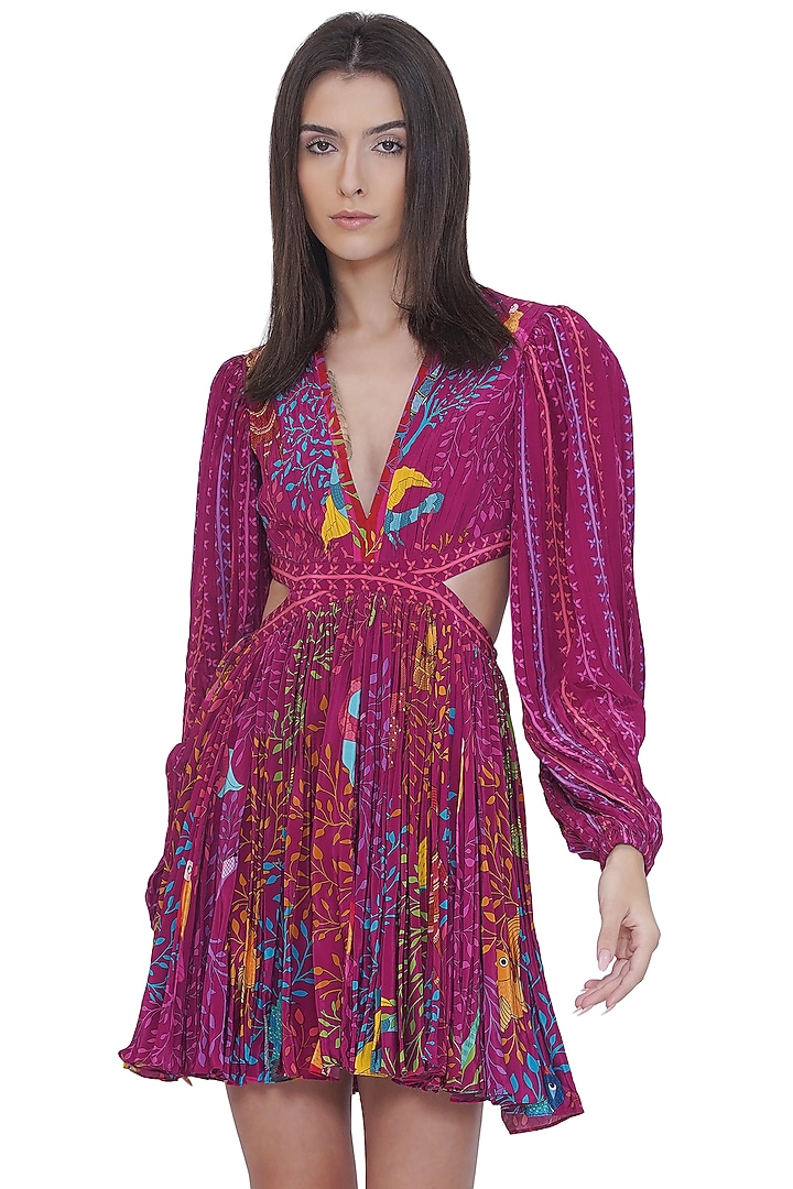 Pink Crepe Placement Printed Mini Vacation Dress by Limerick By Abirr N' Nanki at Pernia's Pop Up Shop