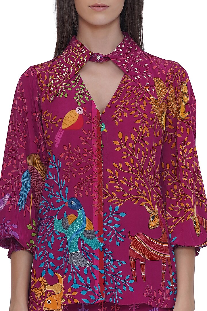 Pink Crepe Engineered Printed Shirt by Limerick By Abirr N' Nanki at Pernia's Pop Up Shop
