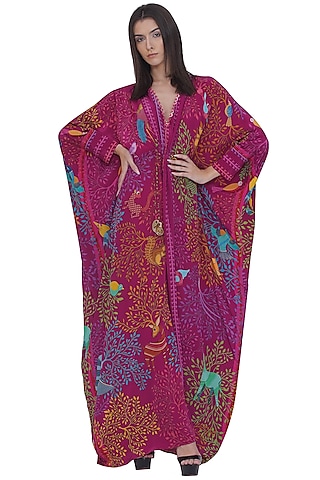 Pink Crepe Placement Printed Kaftan by Limerick By Abirr N' Nanki