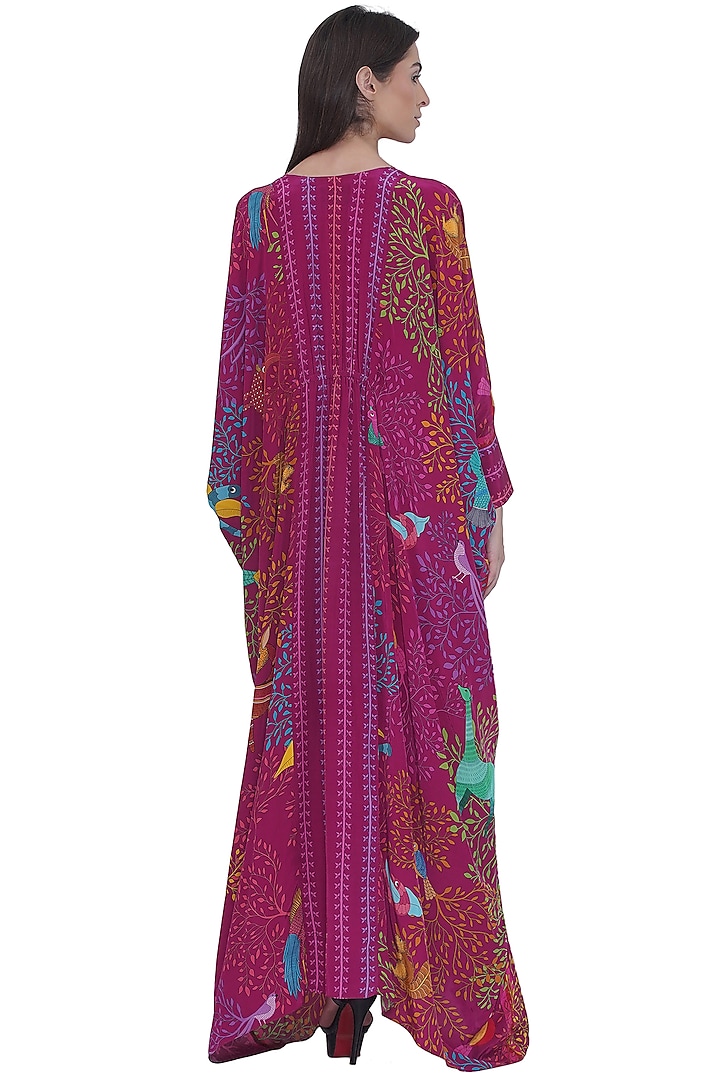 Pink Crepe Placement Printed Kaftan by Limerick By Abirr N' Nanki at Pernia's Pop Up Shop