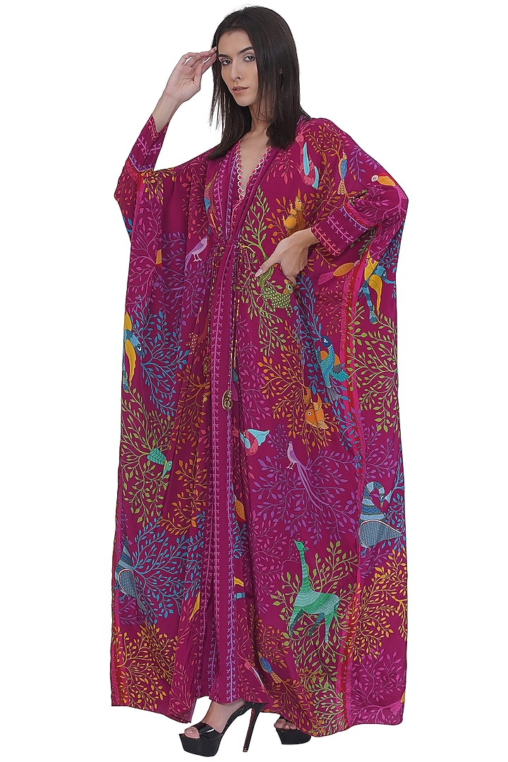 Pink Crepe Placement Printed Kaftan by Limerick By Abirr N' Nanki at Pernia's Pop Up Shop