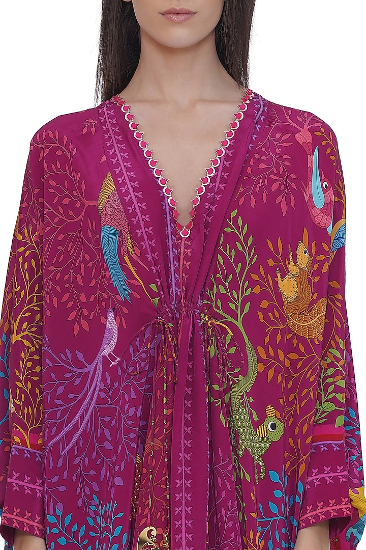 Pink Crepe Placement Printed Kaftan by Limerick By Abirr N' Nanki at Pernia's Pop Up Shop