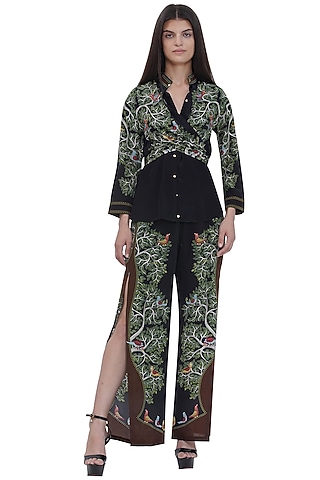 Black Crepe Printed Straight Fit Pants by Limerick By Abirr N' Nanki
