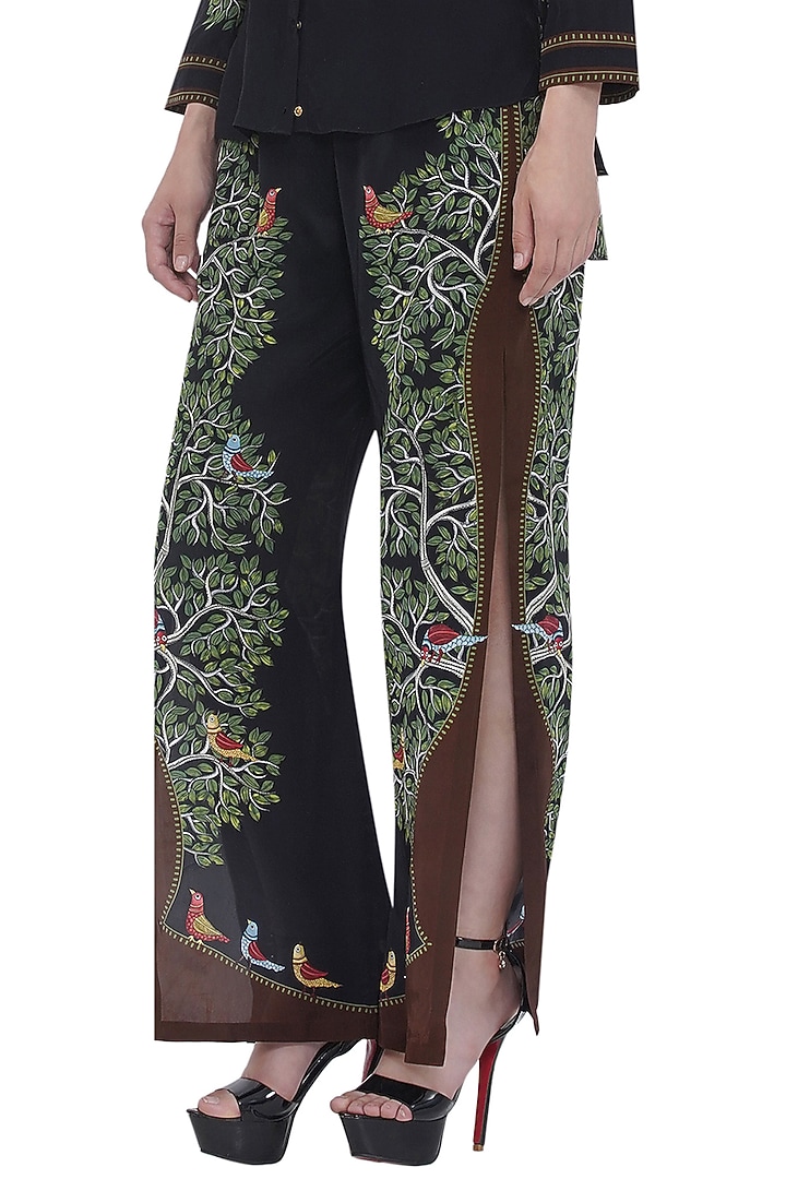 Black Crepe Printed Straight Fit Pants by Limerick By Abirr N' Nanki at Pernia's Pop Up Shop