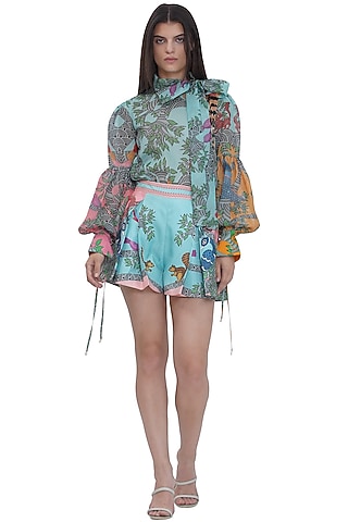 Multi-Colored Scallop Textured Satin Printed Box-Pleated Shorts by Limerick By Abirr N' Nanki