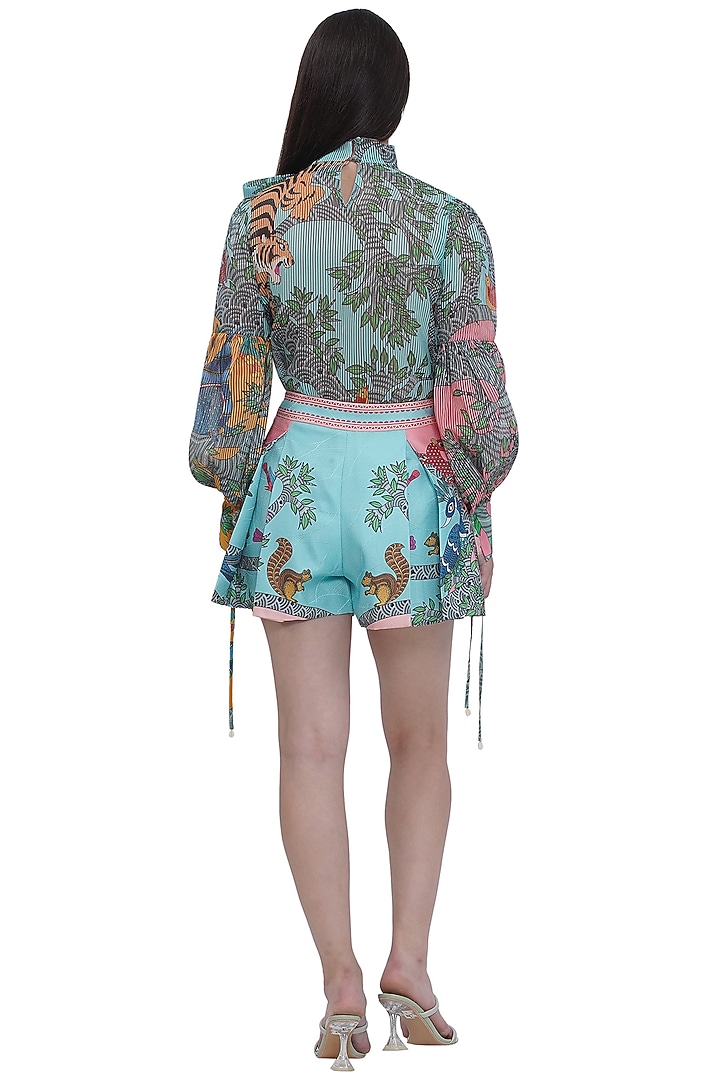 Multi-Colored Scallop Textured Satin Printed Box-Pleated Shorts by Limerick By Abirr N' Nanki at Pernia's Pop Up Shop