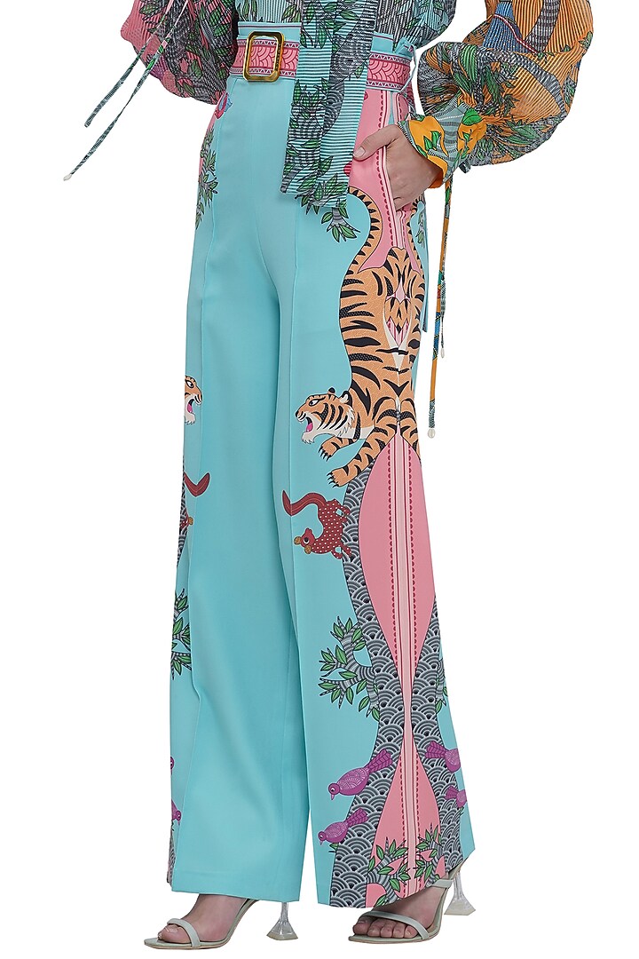 Multi-Colored Brushed Crepe Printed Trousers With Belt by Limerick By Abirr N' Nanki at Pernia's Pop Up Shop