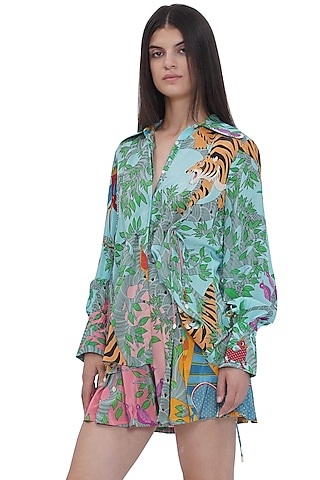 Multi-Colored Crepe Printed Cinched Shirt by Limerick By Abirr N' Nanki