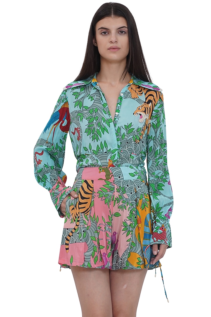 Multi-Colored Crepe Printed Cinched Shirt by Limerick By Abirr N' Nanki at Pernia's Pop Up Shop