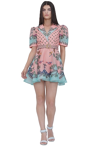 Multi-Colored Striped Textured Organza Printed Mini Dress by Limerick By Abirr N' Nanki