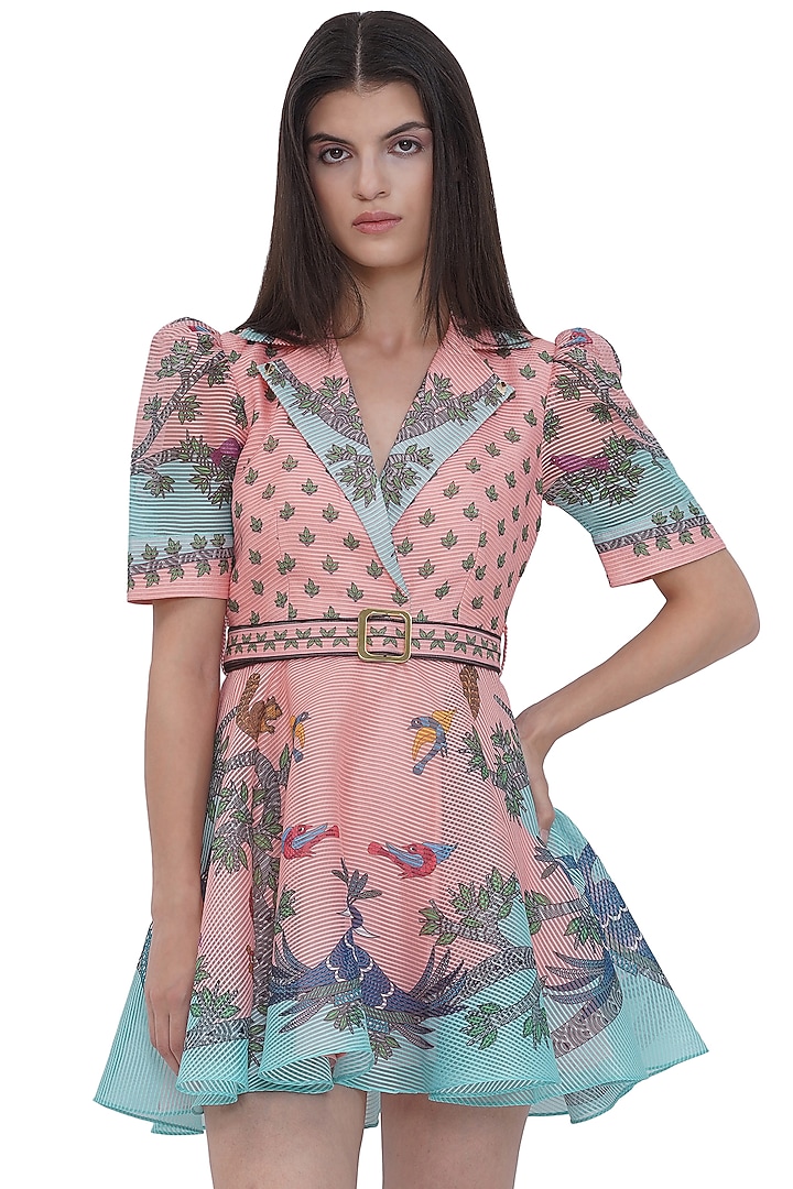 Multi-Colored Striped Textured Organza Printed Mini Vacation Dress by Limerick By Abirr N' Nanki at Pernia's Pop Up Shop