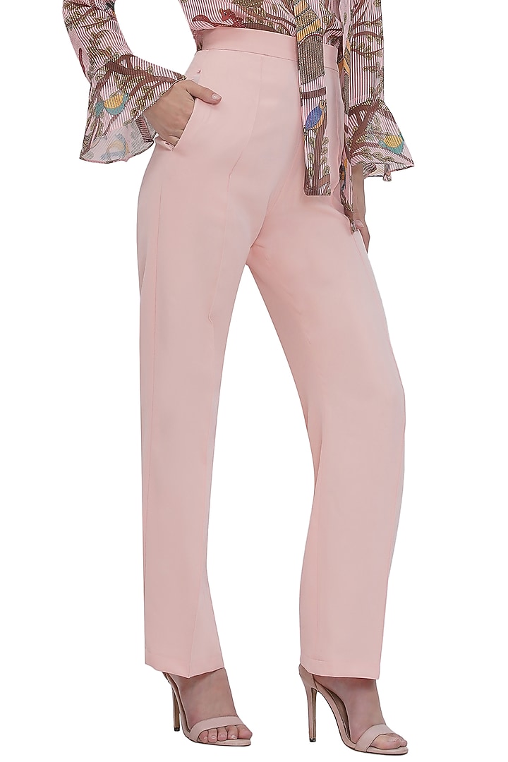 Pink Brushed Crepe HIgh-Waist Pants by Limerick By Abirr N' Nanki at Pernia's Pop Up Shop