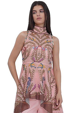 Multi-Colored Striped Textured Organza Embellished Halter-Neck Tunic by Limerick By Abirr N' Nanki