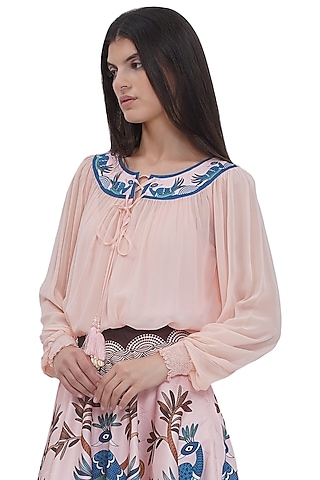 Pink Georgette Printed Balloon Top by Limerick By Abirr N' Nanki