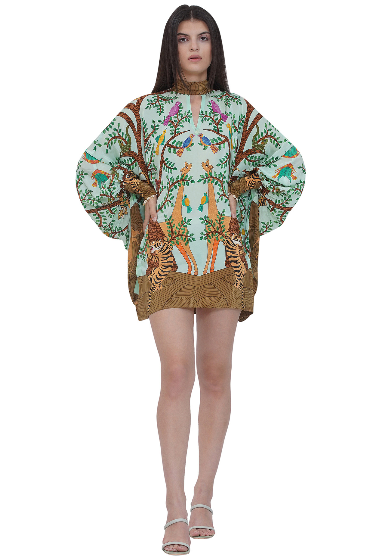 Multi-Colored Crepe Printed Mini Kaftan Summer Dress by Limerick By Abirr N' Nanki at Pernia's Pop Up Shop