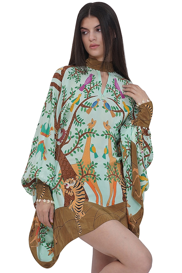 Multi-Colored Crepe Printed Mini Kaftan Vacation Dress by Limerick By Abirr N' Nanki at Pernia's Pop Up Shop