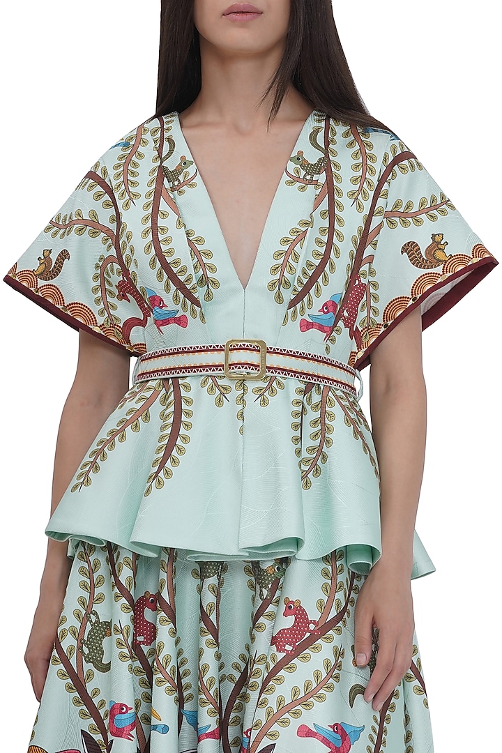 Multi-Colored Scallop Textured Satin Printed Top With Belt by Limerick By Abirr N' Nanki at Pernia's Pop Up Shop