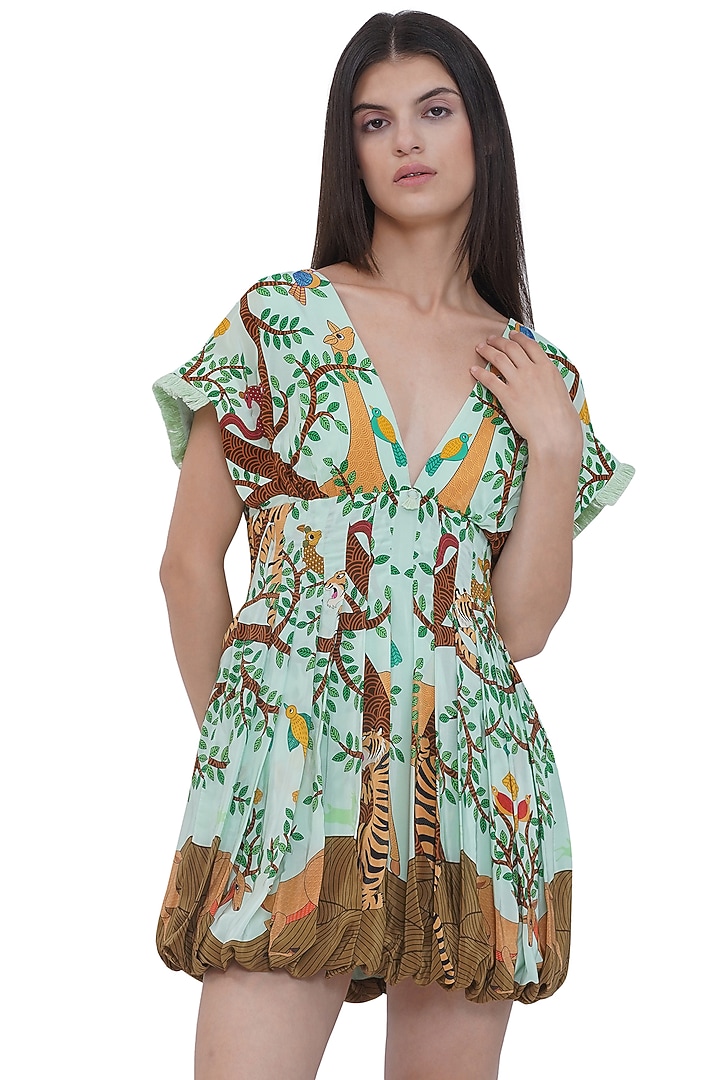 Multi-Colored Crepe Printed Mini Draped Balloon Vacation Dress by Limerick By Abirr N' Nanki at Pernia's Pop Up Shop