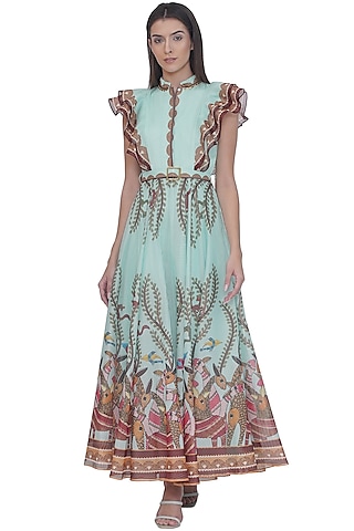 Multi-Colored Stripe Textured Organza Printed Maxi Dress by Limerick By Abirr N' Nanki