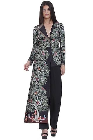 Black Brushed Crepe Printed Straight Fit Pants by Limerick By Abirr N' Nanki