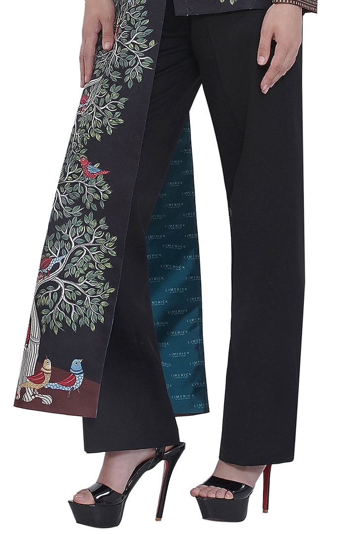 Black Brushed Crepe Printed Straight Fit Pants by Limerick By Abirr N' Nanki at Pernia's Pop Up Shop